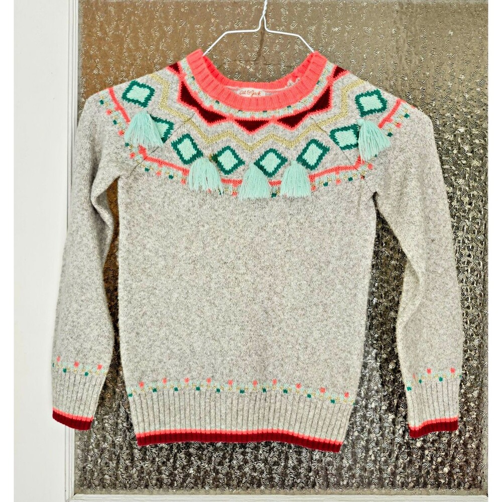 Cat & Jack Girls Fair Isle Tassel Sweater Grey Neon Pink Mint Green Size M 7-8